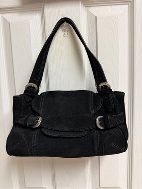 Black Suede Shoulder Bag with Silver Buckle Detail